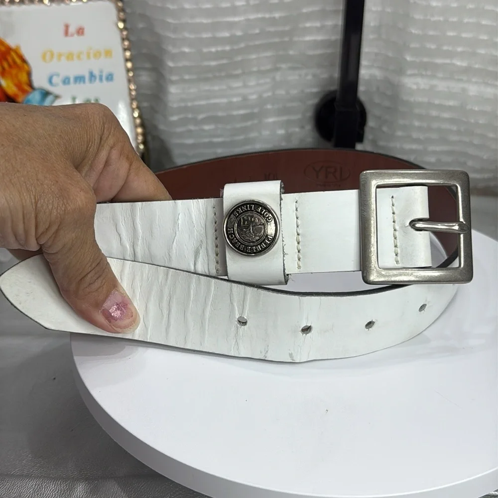 (H)Two Pebble Beach boys' leather belts with black and white metal silve buckles